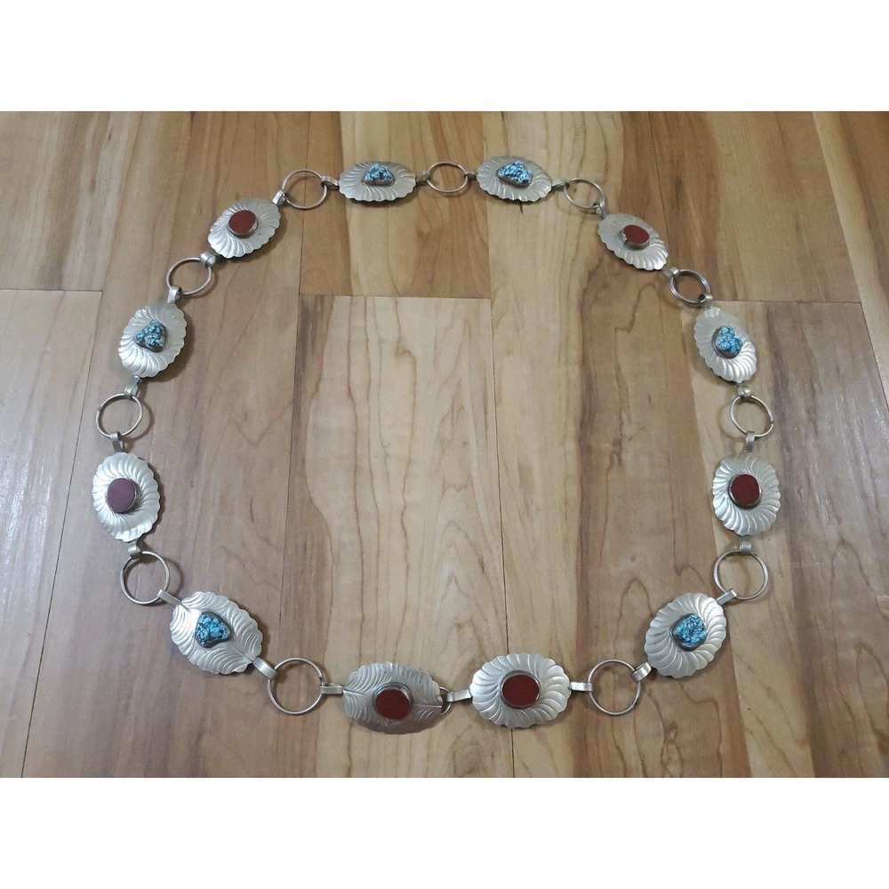 Vintage Southwest Silver Tone Concho Link Belt Faux Turquoise Red Coral Boho L